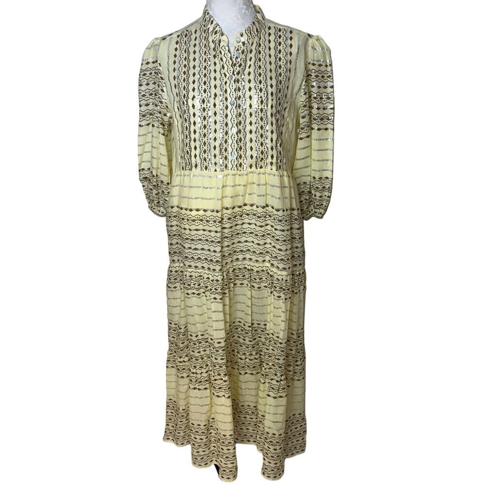 Valerie Khalfon Womens Dress Size Large Yellow Maxi Button Down Pockets